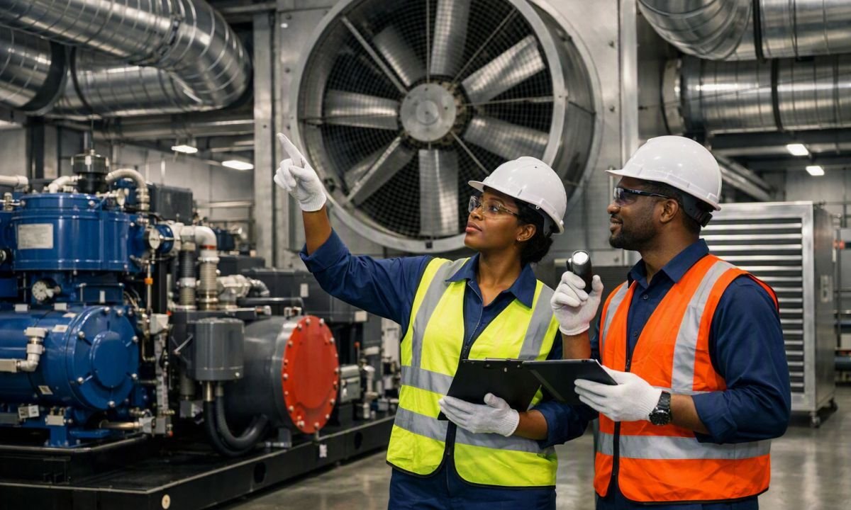 Engineers wearing PPE inspecting the ventilation system