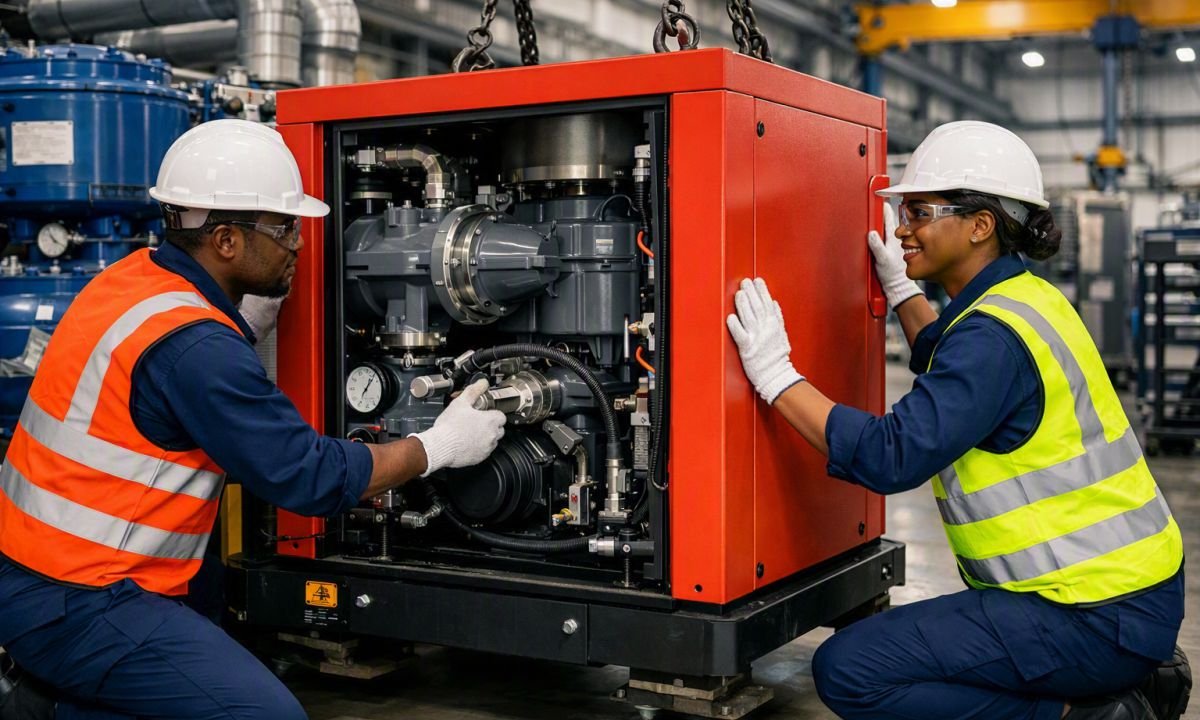 Professional industrial engineers installing a large red rotary screw air compressor