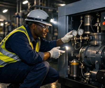 engineer inspecting the rotary screw air compressor