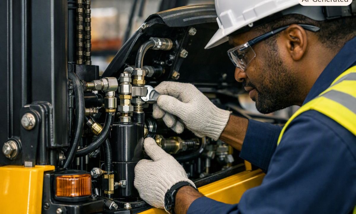 technician repairing the hydraulic lifting system of a forklift